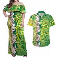 Cook Islands Tiare Maori With Conch Shell Couples Matching Off Shoulder Maxi Dress and Hawaiian Shirt Pasifika Fest Polynesian Tattoo Green LT14 Green - Polynesian Pride