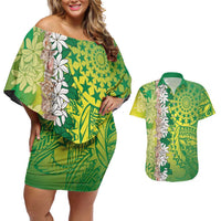 Cook Islands Tiare Maori With Conch Shell Couples Matching Off Shoulder Short Dress and Hawaiian Shirt Pasifika Fest Polynesian Tattoo Green LT14 Green - Polynesian Pride