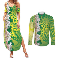 Cook Islands Tiare Maori With Conch Shell Couples Matching Summer Maxi Dress and Long Sleeve Button Shirt Pasifika Fest Polynesian Tattoo Green