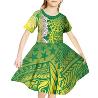 Cook Islands Tiare Maori With Conch Shell Kid Short Sleeve Dress Pasifika Fest Polynesian Tattoo Green
