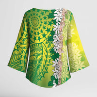 Cook Islands Tiare Maori With Conch Shell Kimono Sleeve Blouse Pasifika Fest Polynesian Tattoo Green