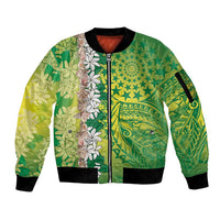Cook Islands Tiare Maori With Conch Shell Sleeve Zip Bomber Jacket Pasifika Fest Polynesian Tattoo Green