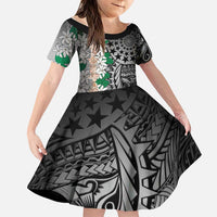 Cook Islands Tiare Maori With Conch Shell Family Matching Off Shoulder Short Dress and Hawaiian Shirt Pasifika Fest Polynesian Tattoo Black LT14 Daughter's Dress Black - Polynesian Pride