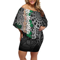 Cook Islands Tiare Maori With Conch Shell Family Matching Off Shoulder Short Dress and Hawaiian Shirt Pasifika Fest Polynesian Tattoo Black LT14 Mom's Dress Black - Polynesian Pride