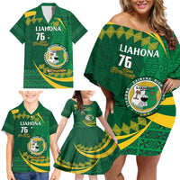 Personalised Tonga Liahona-Saineha High School Family Matching Off Shoulder Short Dress and Hawaiian Shirt Happy 76 Years Anniversary