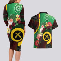 Long God Yumi Stanap Vanuatu Couples Matching Long Sleeve Bodycon Dress and Hawaiian Shirt Tropical Flowers Aboriginal Pattern