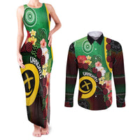 Long God Yumi Stanap Vanuatu Couples Matching Tank Maxi Dress and Long Sleeve Button Shirt Tropical Flowers Aboriginal Pattern
