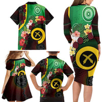 Long God Yumi Stanap Vanuatu Family Matching Long Sleeve Bodycon Dress and Hawaiian Shirt Tropical Flowers Aboriginal Pattern
