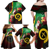 Long God Yumi Stanap Vanuatu Family Matching Off Shoulder Maxi Dress and Hawaiian Shirt Tropical Flowers Aboriginal Pattern