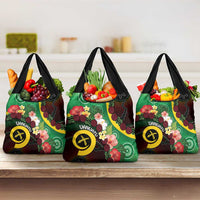 Long God Yumi Stanap Vanuatu Grocery Bag Tropical Flowers Aboriginal Pattern