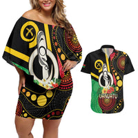 Tamtam Drum Vanuatu Couples Matching Off Shoulder Short Dress and Hawaiian Shirt Boar Tusk Aboriginal Flag Style