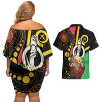 Tamtam Drum Vanuatu Couples Matching Off Shoulder Short Dress and Hawaiian Shirt Boar Tusk Aboriginal Flag Style
