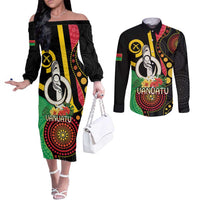 Tamtam Drum Vanuatu Couples Matching Off The Shoulder Long Sleeve Dress and Long Sleeve Button Shirt Boar Tusk Aboriginal Flag Style