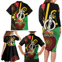 Tamtam Drum Vanuatu Family Matching Long Sleeve Bodycon Dress and Hawaiian Shirt Boar Tusk Aboriginal Flag Style