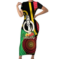 Tamtam Drum Vanuatu Short Sleeve Bodycon Dress Boar Tusk Aboriginal Flag Style