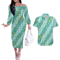 Hawaii Jade Vine Lei Couples Matching Off The Shoulder Long Sleeve Dress and Hawaiian Shirt Aloha Palaka Motif - Turquoise - Polynesian Pride