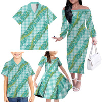 Hawaii Jade Vine Lei Family Matching Off The Shoulder Long Sleeve Dress and Hawaiian Shirt Aloha Palaka Motif - Turquoise - Polynesian Pride