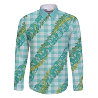 Hawaii Jade Vine Lei Family Matching Off The Shoulder Long Sleeve Dress and Hawaiian Shirt Aloha Palaka Motif - Turquoise - Polynesian Pride