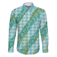 Hawaii Jade Vine Lei Family Matching Puletasi and Hawaiian Shirt Aloha Palaka Motif - Turquoise LT14 Dad's Shirt - Long Sleeve Turquoise - Polynesian Pride