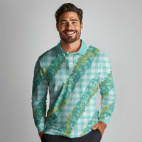 Hawaii Jade Vine Lei Long Sleeve Polo Shirt Aloha Palaka Motif - Turquoise - Polynesian Pride