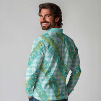 Hawaii Jade Vine Lei Long Sleeve Polo Shirt Aloha Palaka Motif - Turquoise - Polynesian Pride