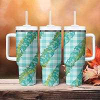 Hawaii Jade Vine Lei Tumbler With Handle Aloha Palaka Motif - Turquoise - Polynesian Pride