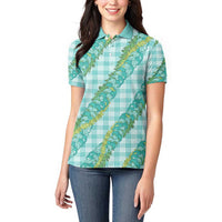 Hawaii Jade Vine Lei Women Polo Shirt Aloha Palaka Motif - Turquoise - Polynesian Pride