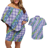 Hawaii Jade Vine Lei Couples Matching Off Shoulder Short Dress and Hawaiian Shirt Aloha Palaka Motif - Purple LT14 Purple - Polynesian Pride