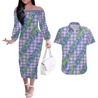 Hawaii Jade Vine Lei Couples Matching Off The Shoulder Long Sleeve Dress and Hawaiian Shirt Aloha Palaka Motif - Purple - Polynesian Pride