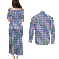 Hawaii Jade Vine Lei Couples Matching Puletasi and Long Sleeve Button Shirt Aloha Palaka Motif - Purple - Polynesian Pride