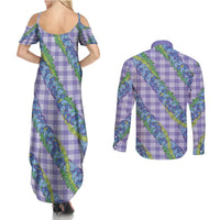 Hawaii Jade Vine Lei Couples Matching Summer Maxi Dress and Long Sleeve Button Shirt Aloha Palaka Motif - Purple - Polynesian Pride