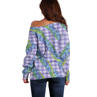 Hawaii Jade Vine Lei Off Shoulder Sweater Aloha Palaka Motif - Purple - Polynesian Pride
