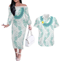 Jade Vine Lei Hawaii Couples Matching Off The Shoulder Long Sleeve Dress and Hawaiian Shirt Aloha Seamless Tropical Leaves - Polynesian Pride