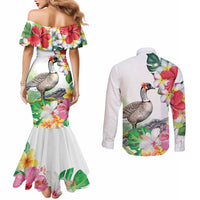 Aloha Hawaii Nene Goose Couples Matching Mermaid Dress and Long Sleeve Button Shirt Tropical Flowers Watercolor Stylized - Polynesian Pride