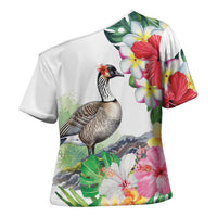 Aloha Hawaii Nene Goose Cross Shoulder Shirt Tropical Flowers Watercolor Stylized - Polynesian Pride