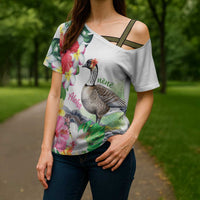 Aloha Hawaii Nene Goose Cross Shoulder Shirt Tropical Flowers Watercolor Stylized - Polynesian Pride