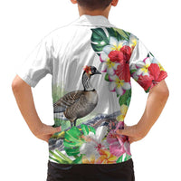 Aloha Hawaii Nene Goose Family Matching Long Sleeve Bodycon Dress and Hawaiian Shirt Tropical Flowers Watercolor Stylized - Polynesian Pride