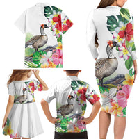 Aloha Hawaii Nene Goose Family Matching Long Sleeve Bodycon Dress and Hawaiian Shirt Tropical Flowers Watercolor Stylized - Polynesian Pride