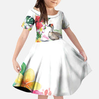 Aloha Hawaii Nene Goose Family Matching Off The Shoulder Long Sleeve Dress and Hawaiian Shirt Tropical Flowers Watercolor Stylized - Polynesian Pride