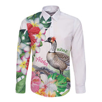 Aloha Hawaii Nene Goose Long Sleeve Button Shirt Tropical Flowers Watercolor Stylized - Polynesian Pride