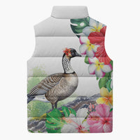 Aloha Hawaii Nene Goose Sleeveless Puffer Jacket Tropical Flowers Watercolor Stylized - Polynesian Pride