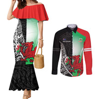 New Zealand and Wales Rugby Custom Couples Matching Mermaid Dress and Long Sleeve Button Shirt Aotearoa All Black Combine Welsh Dragon - Polynesian Pride