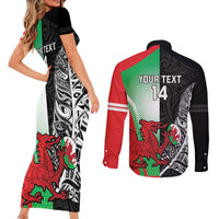 New Zealand and Wales Rugby Custom Couples Matching Short Sleeve Bodycon Dress and Long Sleeve Button Shirt Aotearoa All Black Combine Welsh Dragon - Polynesian Pride