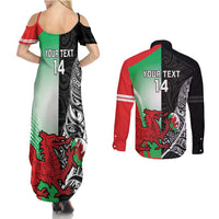 New Zealand and Wales Rugby Custom Couples Matching Summer Maxi Dress and Long Sleeve Button Shirt Aotearoa All Black Combine Welsh Dragon - Polynesian Pride