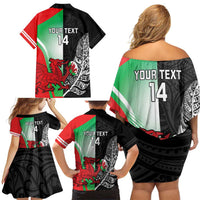 New Zealand and Wales Rugby Custom Family Matching Off Shoulder Short Dress and Hawaiian Shirt Aotearoa All Black Combine Welsh Dragon - Polynesian Pride