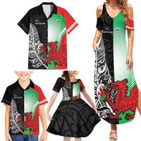 New Zealand and Wales Rugby Custom Family Matching Summer Maxi Dress and Hawaiian Shirt Aotearoa All Black Combine Welsh Dragon - Polynesian Pride