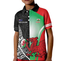 New Zealand and Wales Rugby Custom Kid Polo Shirt Aotearoa All Black Combine Welsh Dragon - Polynesian Pride