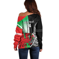 New Zealand and Wales Rugby Custom Off Shoulder Sweater Aotearoa All Black Combine Welsh Dragon - Polynesian Pride