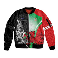 New Zealand and Wales Rugby Custom Sleeve Zip Bomber Jacket Aotearoa All Black Combine Welsh Dragon - Polynesian Pride