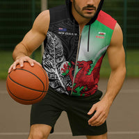 New Zealand and Wales Rugby Custom Sleeveless Zip Hoodie Aotearoa All Black Combine Welsh Dragon LT14 - Polynesian Pride